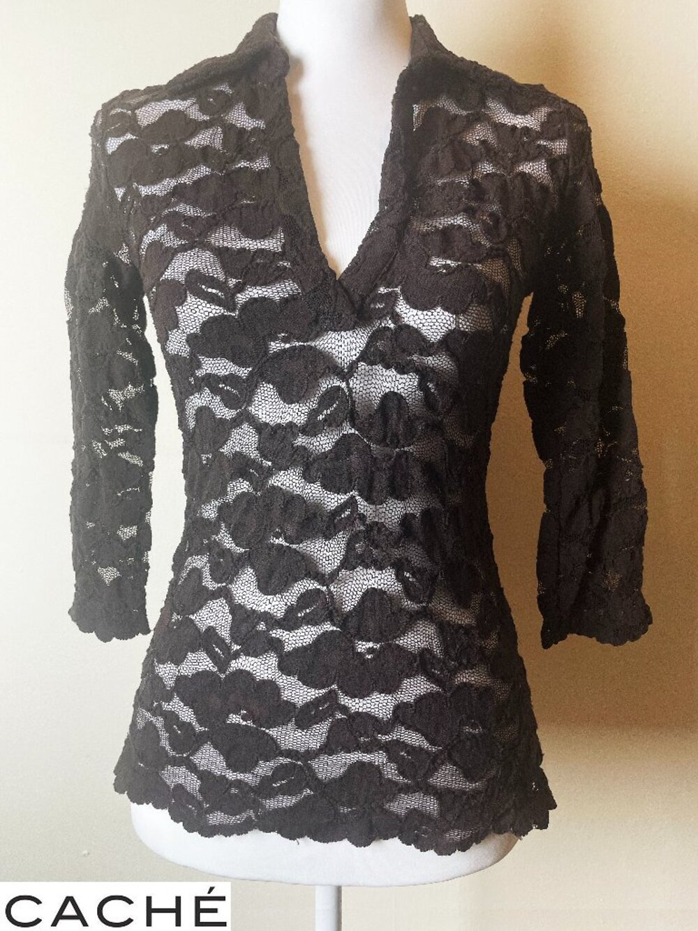 Cache Vintage Women's Brown Lace Semi-Sheer Floral Blouse | 3/4 sleeves | Size S